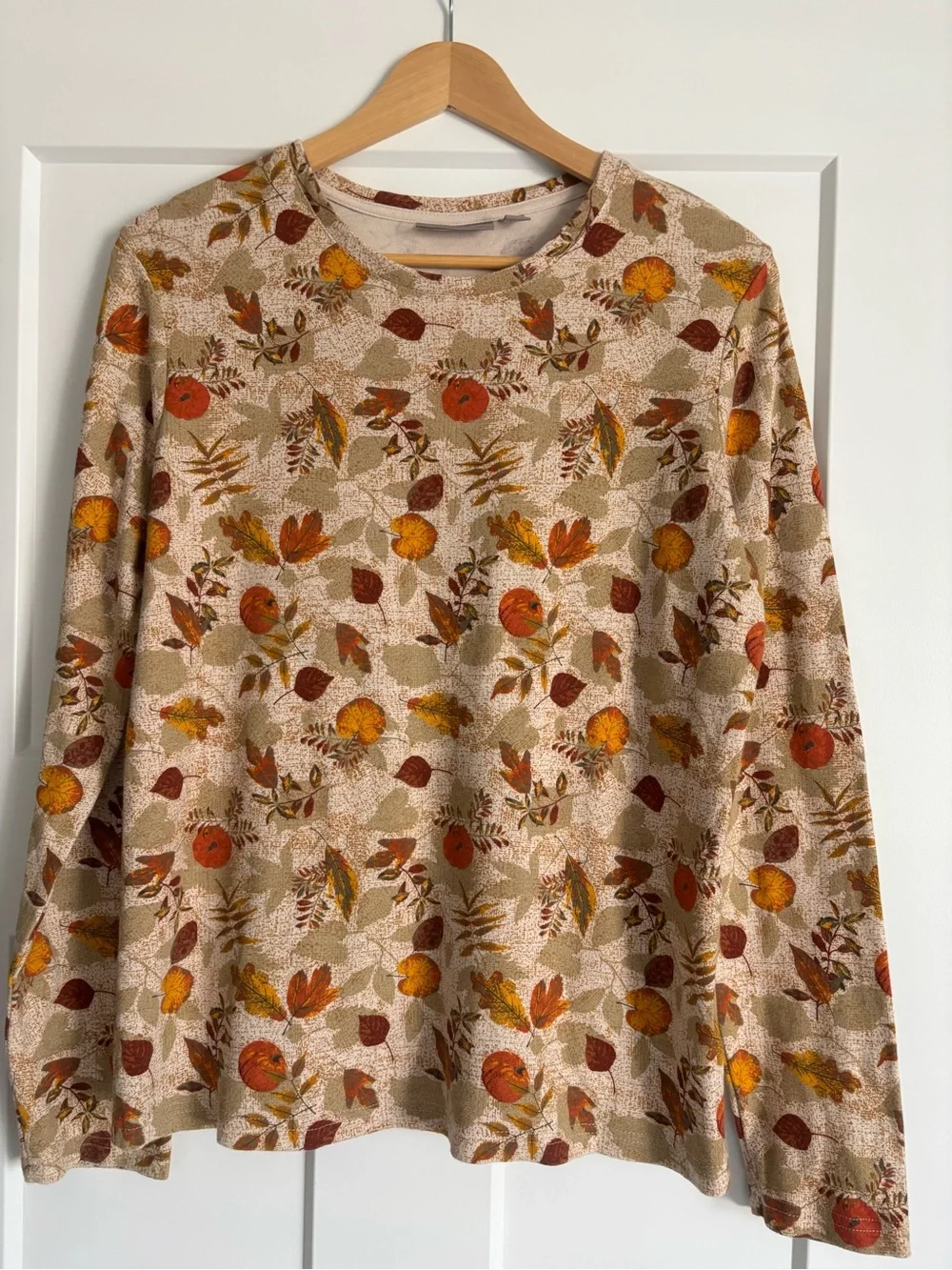 croft & barrow Beige Long Sleeve Floral Tee with Orange and Brown Accents - Picture 1 of 6
